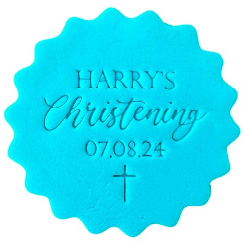 Personalised Cookie Stamp with Free Scallop Cutter, Christening Baptism Confirmation, 5cm Acrylic Biscuit Embosser, Food-Safe Plastic Baking Tool, Fits M&S All Butter Biscuits (Design 4)