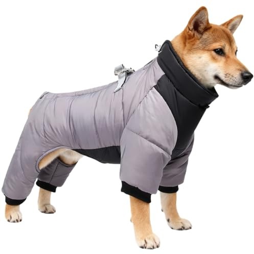 Winter Hundemantel mit Beinen, Klettverschluss, Elastischer Wasserdicht Hundejacke Hund-Overall Fleecefutter Warm, Winddichte Hund Wintermantel mit D-Ring für kleine, mittelgroße,Grau,XL