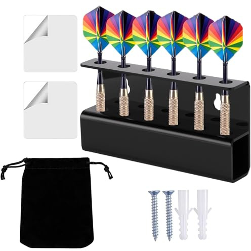 Dart Holder for Wall, Dart Holder Wall Mount Set with Accessory Storage Pouch, Clear Acrylic Display Rack for 6 Darts, No-Drill Installation Bracket for Game Room and Home Bar Storage