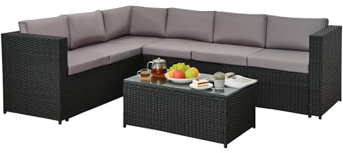 3 Pcs Aluminium Frame Rattan Garden Furniture Set, 6 Seater Corner Garden Sofa with Cushions and Glass Coffee Table, Outdoor Patio Furniture Set for Balcony, Conservatory, Terrace