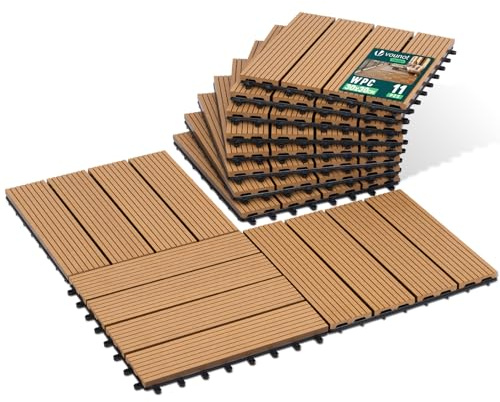 VOUNOT® Set de 11 Baldosas de Exterior WPC 30x30cm 1m² Suelo Terraza Balcón Losetas Antideslizantes con Drenaje Azulejos de Entrelazados para Jardín Patio Losas Baldosa Encastrable Sistema Clic Madera