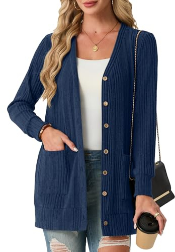 GRECERELLE Womens Long Cardigans Open Front Ladies Lightweight Ribbed Cardigan Casual V Neck Jackets with Pockets for Women UK,Spring, Summer, Autumn