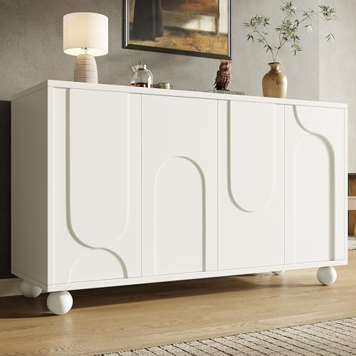 Byrå 120 x 35 x 71 cm – skänk, highboard med krämfärgat mönster och furutben, förvaringsskåp med justerbara hyllor, anti-tippning, för vardagsrum, matsal, hall