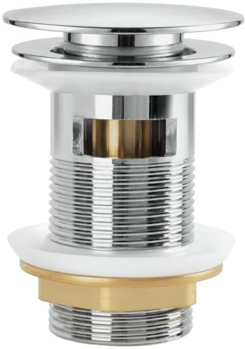 KRUMAD Universal Ablaufgarnitur, Waschbeckenstöpsel, Ablaufventil für Bad | mit Überlauf ca 40,5 mm mit Dichtung, Pop Up Funktion, Chromierter Abflussstopfen, Edelstahl, Funktional, Silber