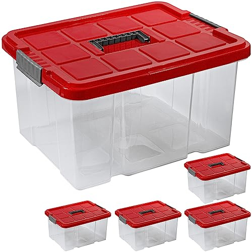 ARTECSIS® 5 x Kunststoffkisten 27L mit Deckel (stapelbar, groß) rot - Transport & Lagerbox (Gr. L 44 x 35 x 24 cm) - Aufbewahrungsbox & Lagerkiste aus Kunststoff - Ordnungsbox & Transportkiste