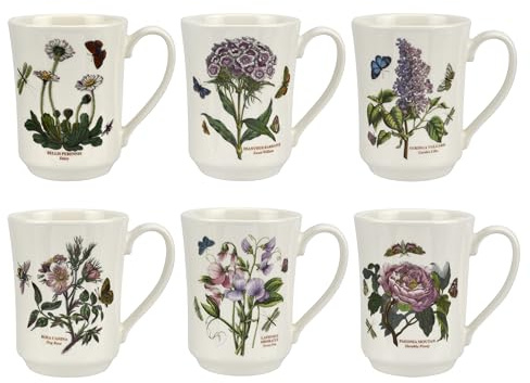 Portmeirion x Botanic Garden Set of 6 Coffee Mugs - Flared Tankards Mugs with Assorted Floral Motifs, Microwave & Dishwasher Safe, Suitable for Enjoying Hot Drinks Every Day
