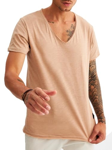 Leif Nelson Basic ln6280LN6280 lös t-shirt med djup V-hals, Beige färg, L