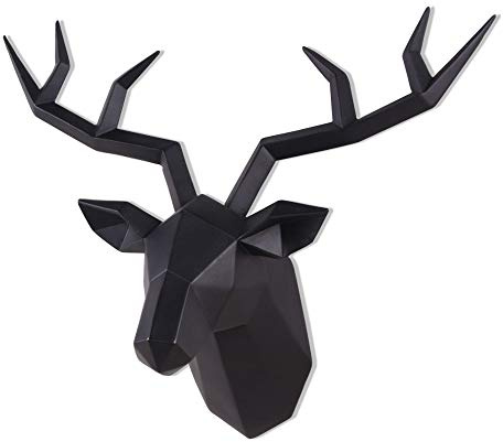 Keygift - Decoración de cabeza de ciervo para pared, diseño geométrico negro con cuernos de ciervo; escultura de pared de resina de taxidermia sintética, cabeza de animal, 35,5 x 14 x 28 cm