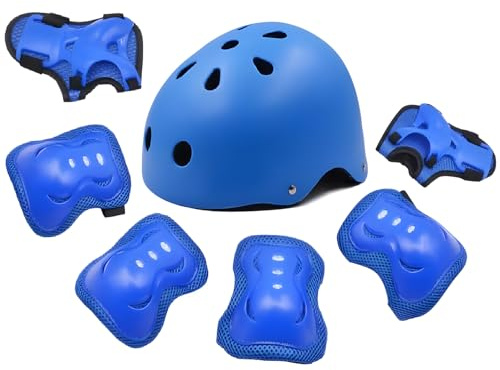 Kids Adjustable Sport Helmet and Knee Pads Set 7 in 1, Kids Adjustable Sport Helmet with Knee Pads Elbow Pads Wrist Guards for Scooter Skateboard Roller Skating Cycling BLUE