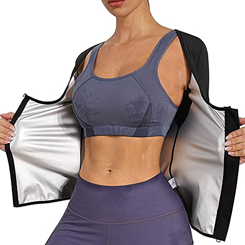 Women Sweat Sauna Suit Waist trainer Vest Hot Sweat Jacket Long Sleeve Zipper Slimming Shaper (Black, S)