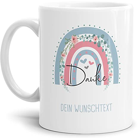 Tasse selbst gestalten - Danke mit Regenbogen Motiv - Text/Name bedrucken - Geschenk Familie, Kinder - Keramik Weiß, 300 ml I Personalisiert