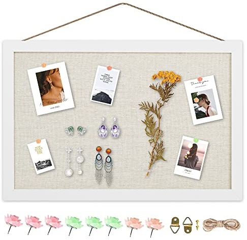AKTOP Cork Board Bulletin Board with Linen 16.7 X 11, Small Framed Corkboard for Wall, Hanging Pin Board Picture Board for Home Office Decor, Cute Vision Board with 8 Pushpins (Vintage White)