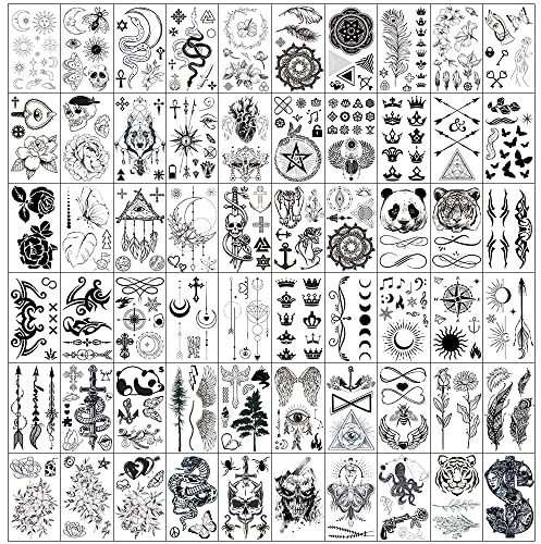 Esland 330+ realistische schwarze temporäre Tattoos für Erwachsene, 60 Stück Vintage-Skelett-Schlange-Designs, Kronen, Pfeile, Sonne-Mond-Sterne, Blumen, Schmetterling, Feder, Liebes-Tattoo-Aufkleber
