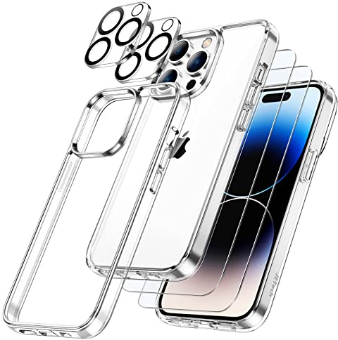 JETech 5-in-1 Hülle für iPhone 14 Pro, Anti-Vergilbung, Durchsichtig | 2 Gehärtete Glas Schutzfolien, 2 Kameraschutz Folien, Stoßfest Handyhülle