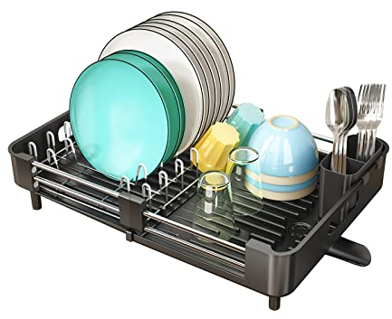 SAYZH Abtropfgestell, Erweiterbar (33,5 CM-50 cm) Geschirrabtropfgestell, Edelstahl Abtropfgestell Geschirr mit Utensilienhalter Becherhalter für Küchentheke Spüle Organizer(Schwarz)