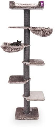 Petrebels Kratzbaum Deckenhoch mit Dicke Stämme, Alexis 224 cm, Cappuccino | extrem stabil mit Wandmontage, Ø 12 cm Sisalstamm, für große Katzen & Maine Coon, mit 2 Hängematten und Sofa, bis zur Decke