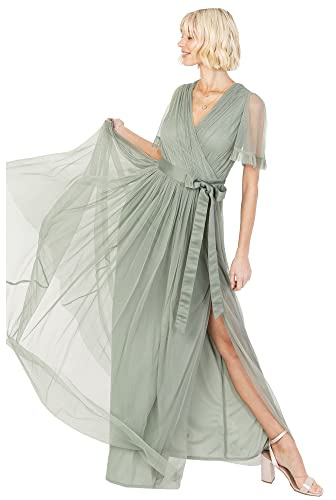 Anaya with Love Damen Ladies Maxi Dress for Women V Neckline Short Sleeve Frilly Long Empire Waist for Wedding Guest Bridesmaid Maid of Honour Kleid, Frosted Green,