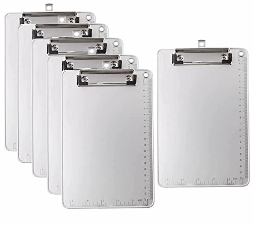 6er A5 Metall Klemmbrett, Anti-Rutsche Rückseite, Gummierter Metalklemme, Hartfaser Schreibbrett mit Aufhängeose, Papierhalter Clipboard, Stabil Schick, Aluminiumlegierung Schreibplatte TKD8053-A5-6x