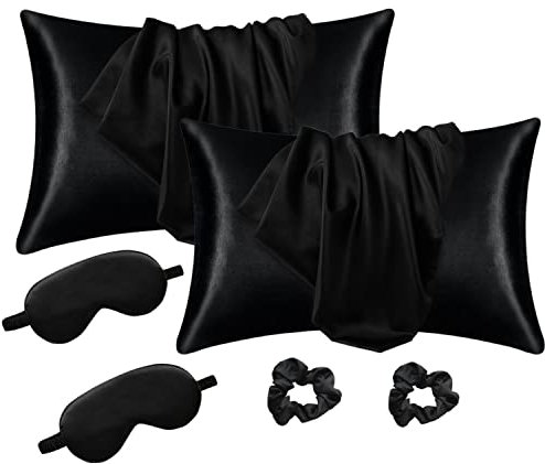 Crazy Bean Juego de 2 Fundas de Almohada Satén 75x50cm Funda de Cojín para Cama Suave Genial Protege Cabello y Piel Juego de Tapa Ojo y Anillos Pelo Cierre de sobre(Negro)