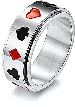 BlackAmazement 316L Edelstahl Ring Drehring Spinner Karten Farben Poker Zocker Pik Kreuz Karo Herz silber rot schwarz gold Herren (Silber, 57 (18,1))