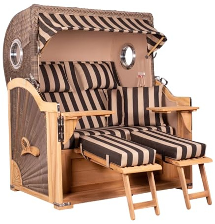 MR. DEKO Strandkorb Baltikum Teakholz XL Volllieger Strandstuhl PE Geflecht Grey Teak Bullauge anthrazit inkl. 4 Kissen - Wechselpolster - Strandkörbe Garten, Wintergarten, Terrasse (Dessin 581)