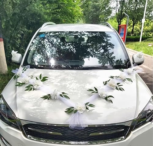 Eterspr Autoschmuck Hochzeit, Autoschmuck Hochzeit Motorhaube, Deko Dekoration Hochzeit Car, für Hochzeitsfeiern, Familientreffen (8 Verschönerte Blumen, 2 Streifen Weißer Schleier)