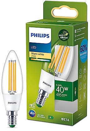 Philips Classic ultraeffiziente LED-Lampe mit Energieeffizienzklasse A, ersetzt 40W, E14 Sockel, Kerze, klar, warmweißes Licht (2700K), 1er Pack, alte Generation