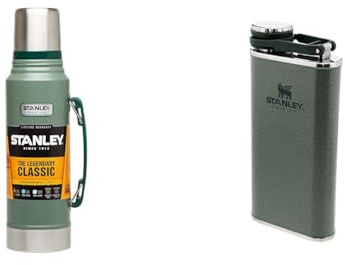 Stanley Classic Legendary Thermos 1L - Mantiene la Temperatura 24 Ore (Caldo/Freddo) & Classic Wide Mouth Flask 0,23L Hammertone Green with Never- Lose Cap