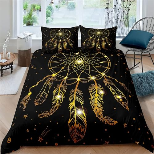 Bettwäsche Set Bettbezug 140x200 Weich Bequem Atmungsaktiv Hypoallergen Mikrofaser Bettbezüge und 2 Kissenbezug, für Teenager-Schlafzimmer-Dekor（Goldener Traumfänger