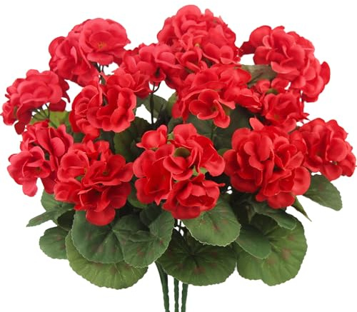 CITYES 3 flores artificiales de geranios de seda para exteriores, resistentes a los rayos UV, arbusto de geranio artificial rojo, flores sintéticas, geranios para jardín, decoración del hogar, jarrón
