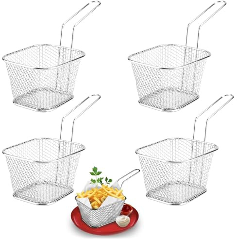 Chip Serving Frying Baskets 4 Pcs Mini Chip Baskets with Handle for Serving, Stainless Steel French Fries Holder Food Presentation Basket for Chips Onion Rings Chicken Table Serving Food