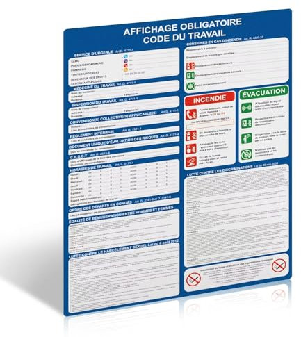 Panneau Code du Travail 2025 - Affichage Obligatoire - 400 x 300mm - Plastique PVC Rigide de 1 mm avec Dos Auto-Adhésif - Résistant aux UV - Conforme droit du travail