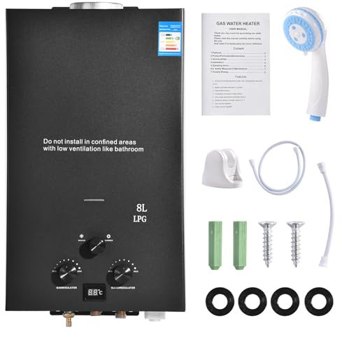 Litglobe 8L/16KW Tankless LPG Gas Water Heater, Instant Hot Water, Wall-Mounted, Black, Portable, Outdoor Installation, Tankless Propane Water Heater