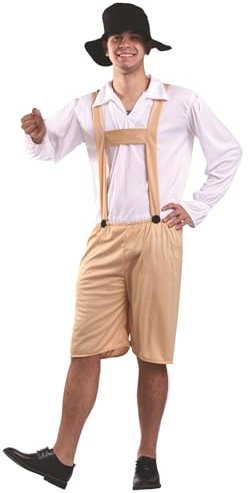 Bayerische Premium Trachtenhose Herren Kurz Lederhose Tracht Original Trachtenlederhosen für Trachtenmode Kurze Beige Lederhosen mit Weißes Hemd Langarm Hosenträger Trachtenhut Oktoberfest Outfit