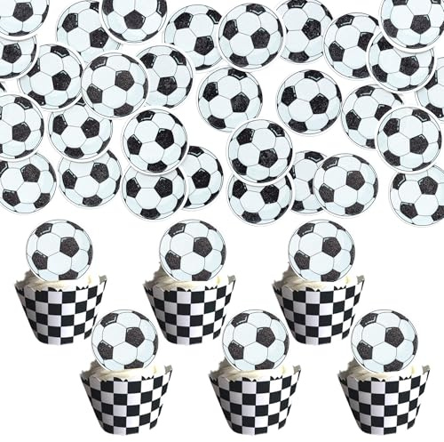 Ephlyn Cupcake-Topper mit Fußballmotiven, Sportmotiven, Fußball, Cupcake, Essen, Zahnstocher, Babyparty, Kuchendekorationen für Sportbälle, Mottobälle, Kindergeburtstag, Party-Dekorationen, 50 Stück