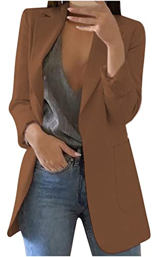 Damen Elegant Langarm Einfarbig Revers Blazer mit Tasche Lässige Mode Geschäft Büro Mit Knopfleiste Blazers 2025 Sommer Frühling Business Slim Fit Offen Vorneblazer Braun XL