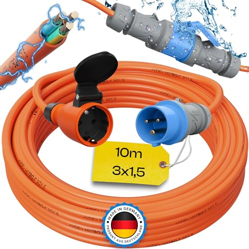 maxgo Camping Adapter CEE auf Schuko – 230V 16A 3x1,5 H07BQ-F Kabel 10m | Robustes H07BQ-F Adapterkabel Made in Germany für Camping, Wohnmobil, Wohnwagen und Boot mit CEE Stecker und Schuko Kupplung