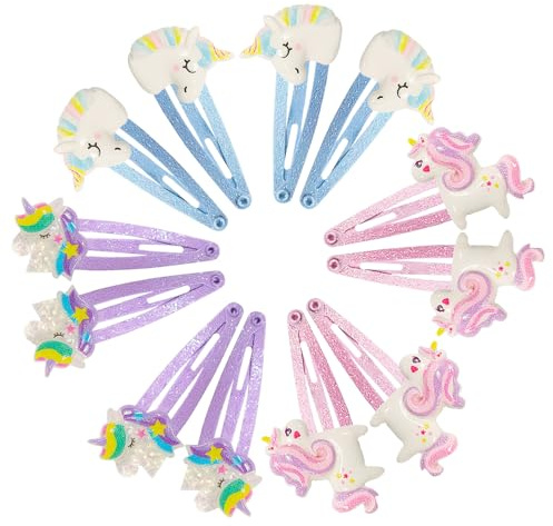 Haarspangen Mädchen Einhorn 12 Stück Einhorn-Haarspangen, mehrfarbig, geeignetes Geschenk für Mädchen, Kinder, Babys (Rosa, Blau, Lila)