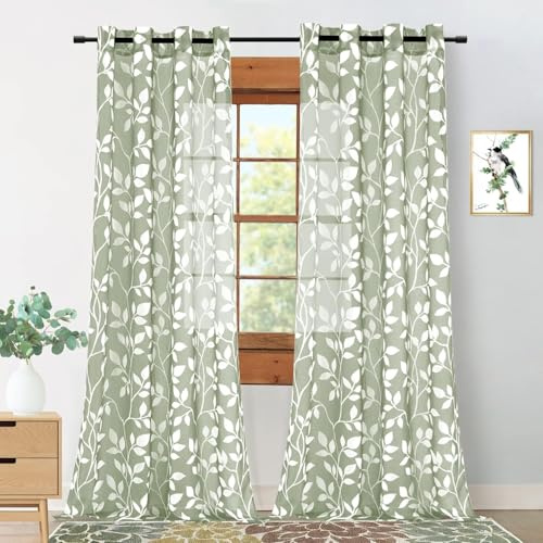 MRTREES Vorhänge mit Ösen Graugrüne Transparent für Wohnzimmer Schlafzimmer Modern, Gardinen Voile mit Muster Weißen Blätterdrucken 2er Set, 225 cm Lang, 140 cm Breit, Curtains Living Room