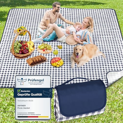 Anyiner Picknickfilt 300 x 200 cm, sandfast strandfilt, vattentät campingfilt, tvättbar med bärhandtag, perfekt för utomhus, camping, strand och familjens picknick (blå rutig)