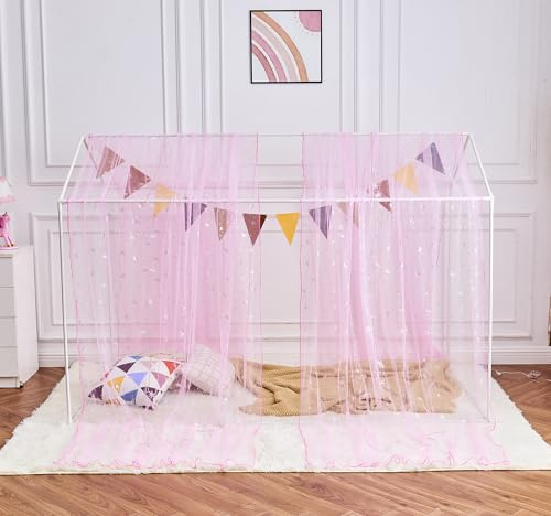 WANFASO Betthimmel-Vorhänge mit Lichtern, Prinzessinnen-Betthimmel für Mädchen, Kinderzimmer, durchsichtiges Haus, Doppelbett, Baldachin, Vorhänge, Schal (2 Paneele)