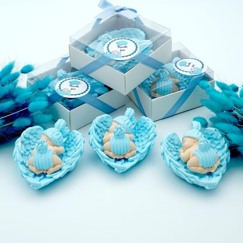 Cadeau baptême invité personnalisé, 20 Pièces bébé Ange de Pierre idee Cadeau invitées pour garçon Fille, fête prénatale, Communion,Souvenir pour invités (Bleu)
