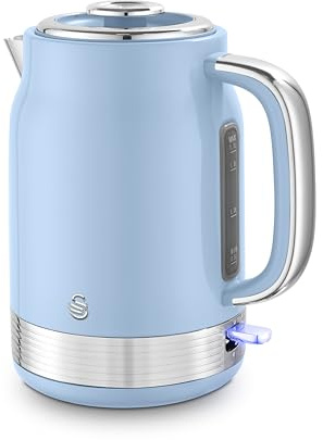 Swan Retro 1.7L Jug Kettle, Rapid Boil, Removable Limescale Filter, Easy Pour, 360 Degree Base, Water Indicator Window and Boil Dry Protection, 3KW, Blue and Stainless Steel, SK19025BLU