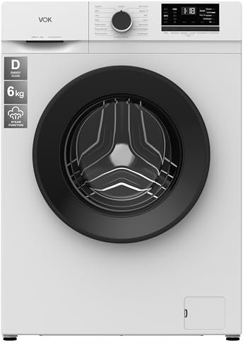 VOK - Lavadora de Carga Frontal de 6 Kg - 1000 RPM, Función Vapor, 15 Programas de Lavado, Añadir prendas, Bloqueo infantil, Eficiencia Energética D, Blanco