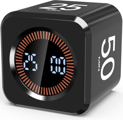 Minuteur Pomodoro Cube LED 5/10/25/50 Minutes avec Temps Personnalisé, Minuteur Visuel Digital, Silencieux ou Sonore, Rechargeable USB-C pour Devoirs Enfant TDAH (Noir)