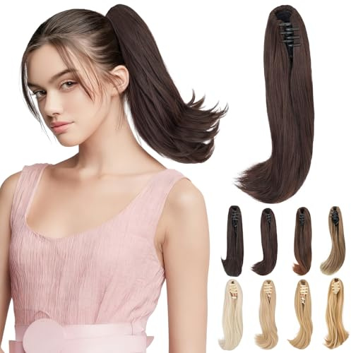 Elailite Extension Coda Capelli Lisci Coda Finta di Cavallo con Pinza Nero Naturale/Castano Rossiccio Scuro Quick-clip Ponytail Punte Ondulate 30cm 80g