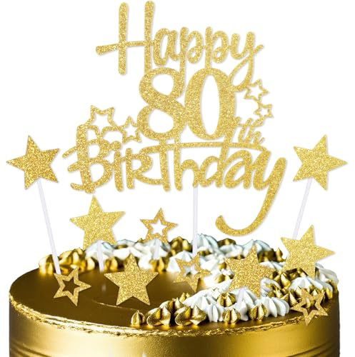 mciskin Gold Happy 80th Birthday Cake Toppers for Cake,Men Women 80th Birthday Decorations,Personalised 80 Cake Toppers,Gold Cake Decorations for Men Women Girls Boys Birthday Party Supplies