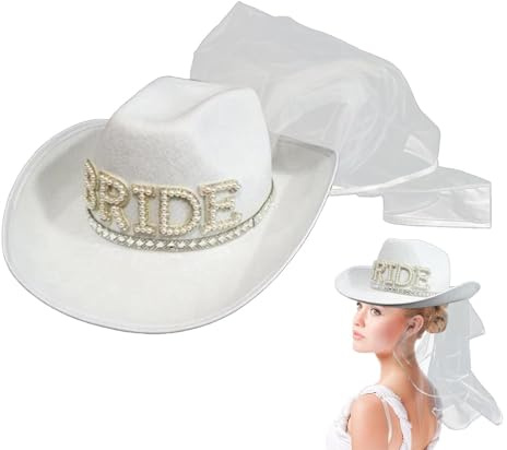 Besreey Cowboy Hut Mit Schleier - Weißer Cowboyhut Für Feiern,Damen Accessoires für Strandhochzeit Festivals Verkleidung Kostüm Dusche