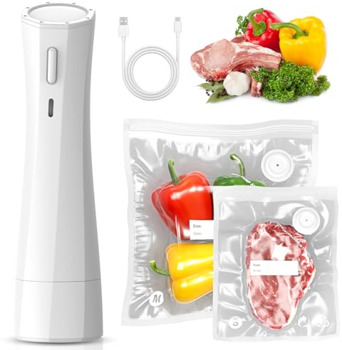 Ombrex Mini Vakuumiergerät – Tragbarer Vacuum Sealer mit USB-Aufladung, 30 Wiederverwendbare Vakuumbeutel, 60kPa Leistung, 1-Tasten-Bedienung, Kompaktes Design für Reisen, Büro & Küche