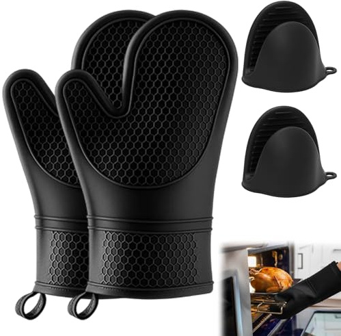 4 Pcs Set Silicone Oven Gloves, Heat Resistant Oven Mitts Pair with Honeycomb Texture, Double Oven Gloves for Baking, Camping, Includes 2 Black Silicone Gloves and 2 Heat Resistant Hand Clips